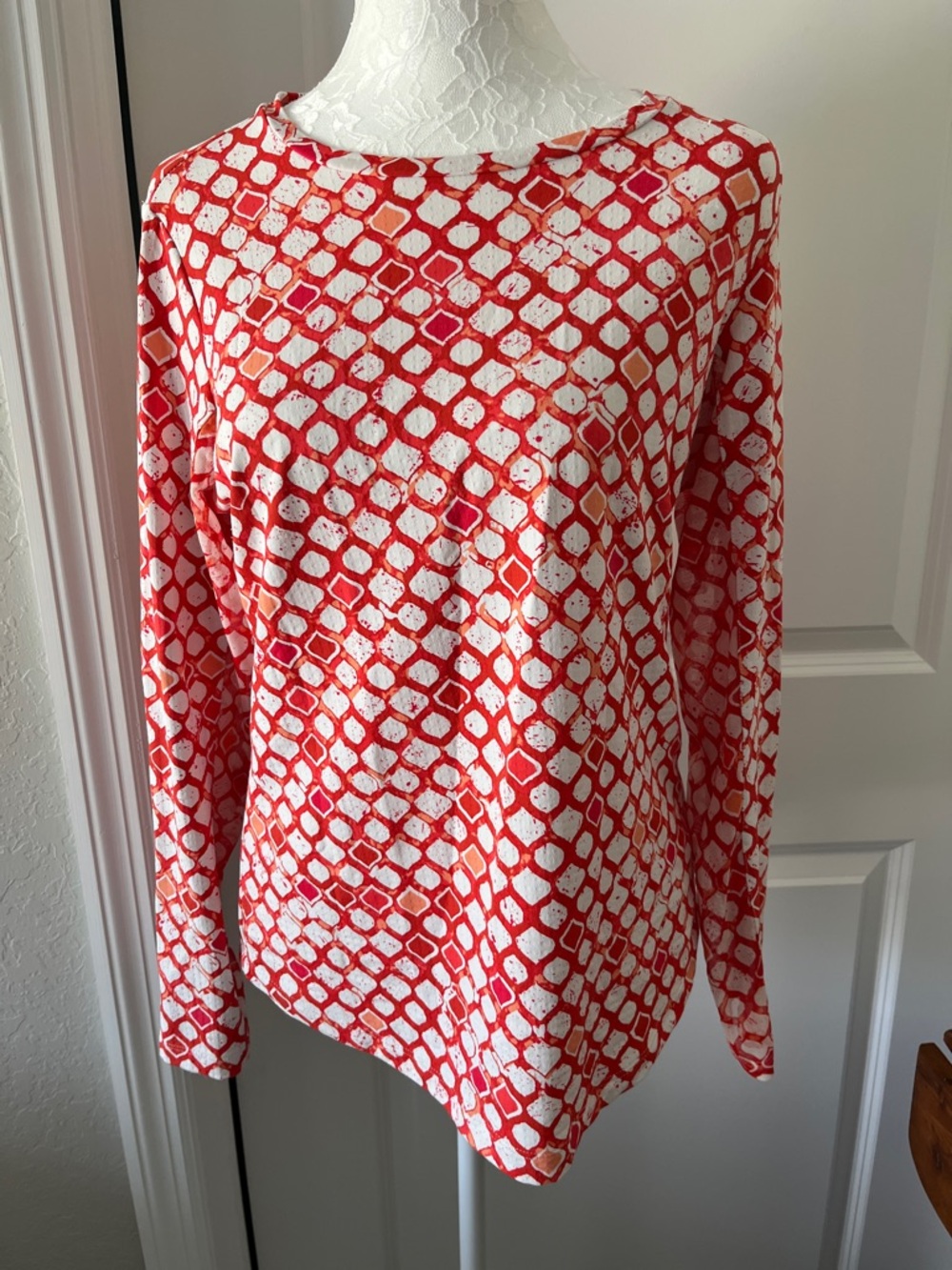 IBKUL Orange Pink & White Geometric Long-Sleeve Activewear Sz M UPF 50 +